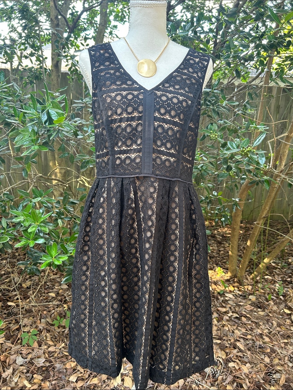 Loft Black Lace Fit-and-Flare V Neck Dress